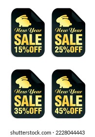 New Year black stickers set with bunny. Sale 15%, 25%, 35%, 45% off. Vector illustration