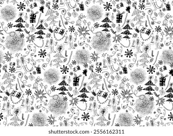 New year black and white doodle seamless packaging with childlike hand drawn scribble. Naive baby style collection for selebration merry Christmas and happy new year. Vector illustration