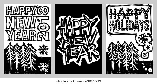New Year black and white hand drawn greeting cards set vector illustrations