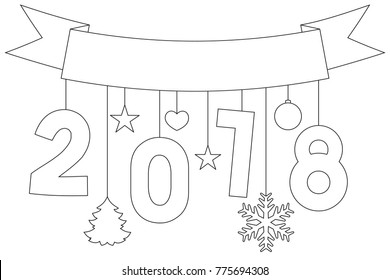 New year black and white poster, ribbon, snowflakes and stars. Coloring book page for adults and kids. Valentine day holiday vector illustration for gift card, flyer, certificate or banner