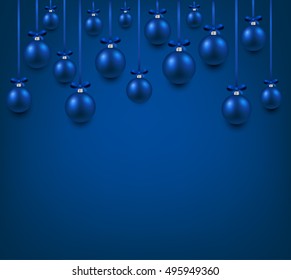 Fondo azul de Año Nuevo con bolas de Navidad. Ilustración vectorial.