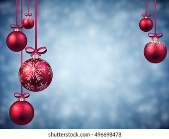 Neujahr blauer Hintergrund mit rosafarbenen Weihnachtsbällen. Vektorgrafik.