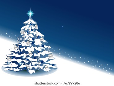 New Year blue background with place for text. Christmas tree with balls. EPS 10