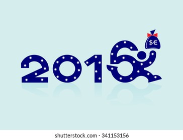 new year . A blue background, new year, snowflakes and Santa Claus with a bag of money