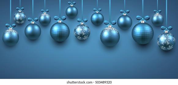 New Year blue banner with Christmas balls. Vector illustration.