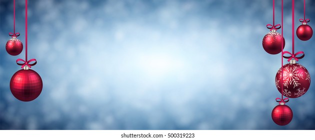 New Year blue banner with pink Christmas balls. Vector illustration.