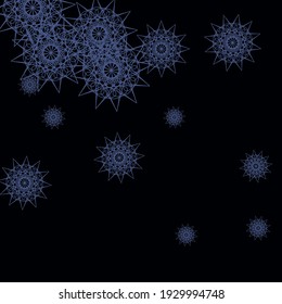 New Year Blue Mystery Black Stars Background. Dark Colorful Chaotic Sharp Mandala Sky Background. Indigo Folk Snowflakes Christmas Winter Pattern. PrintCold Winter Gothic Cold Wallpaper.