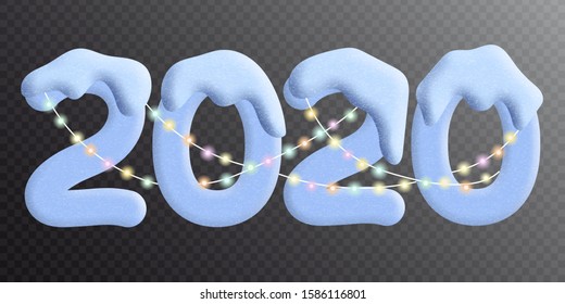 New Year, blue number 2020 is hung with garlands, transparent background. 3D imitation, snow covers the numbers on top.