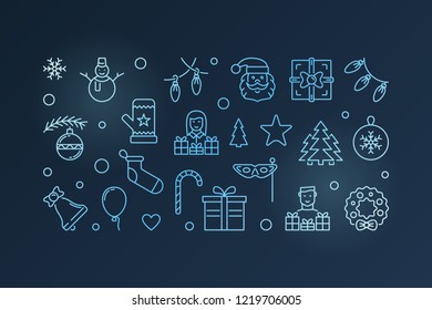 New Year blue outline illustration. Vector banner with horizontal thin line design