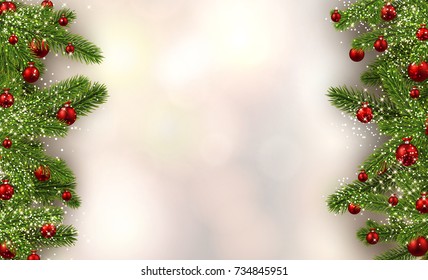 New Year blurred background with spruce branches and Christmas balls. Vector illustration.