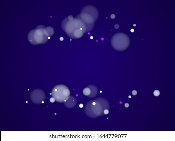 New year blurred bokeh lights confetti illustration. White abstract snowflakes over dark blue background. Blurred bokeh lights flare effect round random dust New year banner backdrop