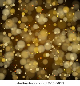 New year blurry bokeh lights confetti illustration. Luxury gold glitter confetti, yellow golden shiny explosion. Blurred bokeh lights flare effect circle random dust party banner pattern