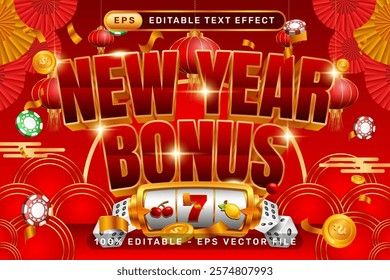new year bonus 3d text effect and editable text effect with lanterns and Chinese ornaments