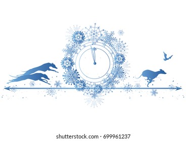 New Year border with dogs, raven and clock in blue colors (EPS 10)
