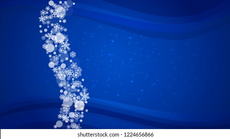 New Year border on blue background. Horizontal winter theme. Christmas and New Year border with snowflakes  falling. For season sales, special offer, banners, cards, party invites, flyers. White snow