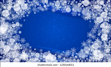 New Year border on blue background. Horizontal winter theme. Christmas and New Year border with snowflakes  falling. For season sales, special offer, banners, cards, party invites, flyers. White snow