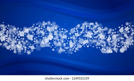 New Year border on blue background. Horizontal winter theme. Christmas and New Year border with snowflakes  falling. For season sales, special offer, banners, cards, party invites, flyers. White snow