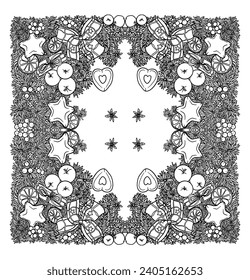 New Year border, ornament, New Year decorations, spruce branches decorated with Christmas toys, black and white drawing, highly detailed line artwork, line illustration, symmetrical illustration, 