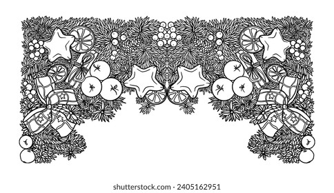 New Year border, ornament, New Year decorations, spruce branches decorated with Christmas toys, black and white drawing, highly detailed line artwork, line illustration, symmetrical illustration