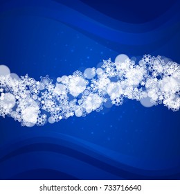 New Year border with white snowflakes on winter background. Merry Christmas and Happy New Year border for season sales, banners, invitations, retail offers. Falling snow. Frosty winter window.