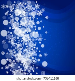 New Year border with white snowflakes on winter background. Merry Christmas and Happy New Year border for season sales, banners, invitations, retail offers. Falling snow. Frosty winter window.