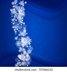 New Year border with white snowflakes on winter background. Merry Christmas and Happy New Year border for season sales, banners, invitations, retail offers. Falling snow. Frosty winter window.