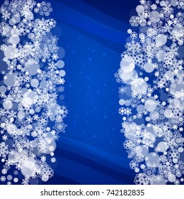 New Year border with white snowflakes on winter background. Merry Christmas and Happy New Year border for season sales, banners, invitations, retail offers. Falling snow. Frosty winter window.