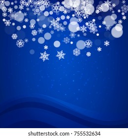 New Year border with white snowflakes on winter background. Merry Christmas and Happy New Year border for season sales, banners, invitations, retail offers. Falling snow. Frosty winter window.