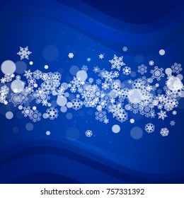 New Year border with white snowflakes on winter background. Merry Christmas and Happy New Year border for season sales, banners, invitations, retail offers. Falling snow. Frosty winter window.