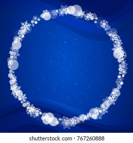 New Year border with white snowflakes on winter background. Merry Christmas and Happy New Year border for season sales, banners, invitations, retail offers. Falling snow. Frosty winter window.