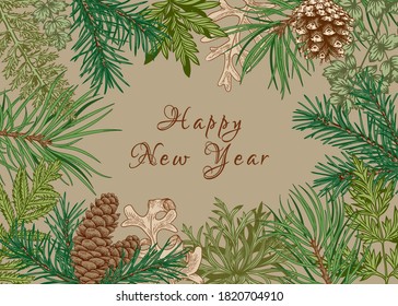 New year botanical frame. Vector illustration. Christmas card. Beige background and colorful pattern.