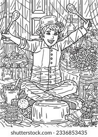 New Year Boy Banging a Pot Adults Coloring Page 