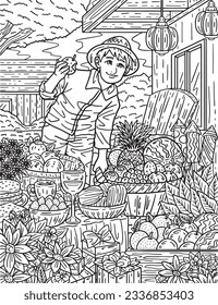 New Year Boy with Basket of Fruits Adults Coloring