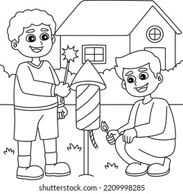 New Year Boys With Fireworks Coloring Page 