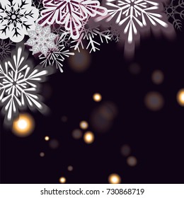 New Year brochure with defocused falling snowflakes isolated on a dark sparkle background.Vector illustration.