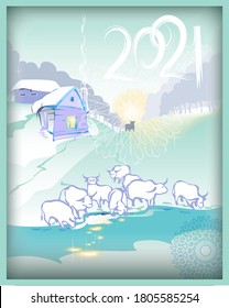 New year of the Bull 2021.Postcard with the festive inscription 2021.A herd of white bulls. Graphic colorful drawing of winter village landscape with river and morning sun.