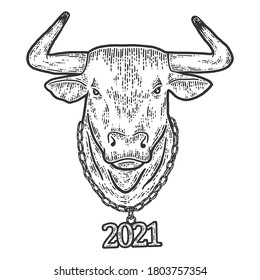 New year, bull head with chain 2021. Sketch scratch board imitation.