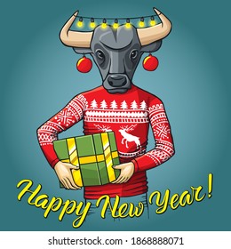 New Year Bull vector concept. Illustration of bull in human sweatshirt or sweater. Buffalo with gift and inscription happy new year