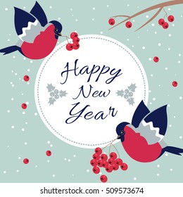 New Year Bullfinch and New Year Rowan Tree Branch NewYear Wish Postcard with Bullfinches,Rowan Branches and Round Frame Edging Dotted Line.Happy New Year Wish Postcard with New Year Bird Snowflakes
