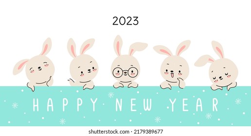 New year bunny banner. Asian holiday rabbit wealth symbols. Cute cartoon 2023 bunnies, scandinavian style animals poster. Rabbits group nowaday vector background