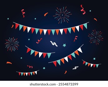 New Year Bunting Flag with Firework and Confetti