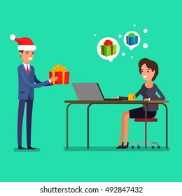 New year business concept. Businessman in a Santa Claus hat gives a gift to a woman sitting at a table. Flat design, vector illustration.