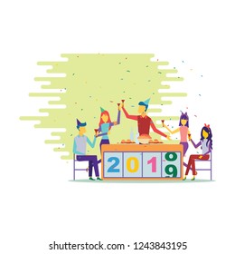 New Year business concept. Business people building and decorating a numbers 2019. Preparing to meet the new year. Office Team are preparing to meet the new year. Flat design, vector illustration. 