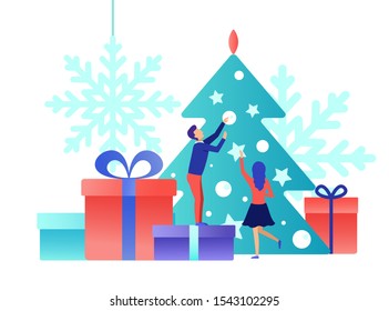 New Year business concept. Business people people decorate the Christmas tree. Office Team are preparing to meet the new year. Flat design, vector illustration.