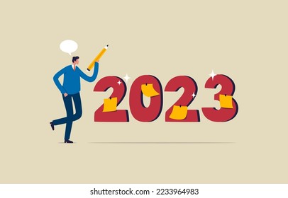 New Year business planning. Goal for 2023. Businessman holding a pencil for writing a business plan. Illustration