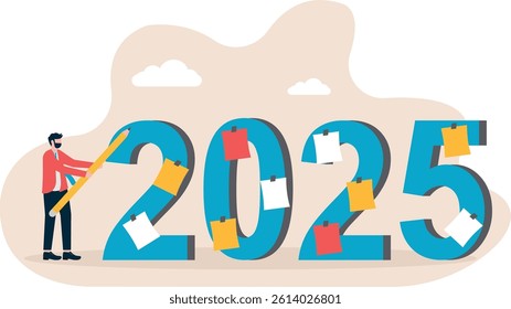 New Year business planning. Goal for 2025. Businessman holding a pencil for writing a business plan. Illustration

