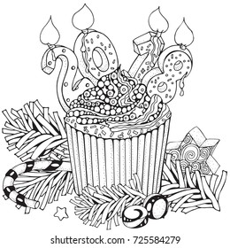 New Year Cake with candle. Adult Coloring book page. 2018 New Year celebration. Hand-drawn vector illustration. Black and white Pattern for coloring book. Zentangle.