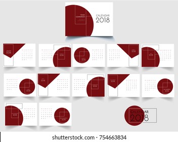 New year calendar 2018 , minimal design with red  circle design.