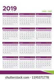 New Year Calendar 2019 with Hijri date 1440 in clean minimal table simple style, Week Starts Sunday