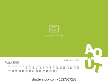 New Year Calendar 2020 French language August modern template green background